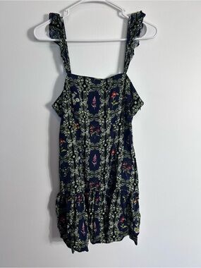 Agua Bendita Navy Floral Print Dress with Green and Yellow Accents - Medium‎